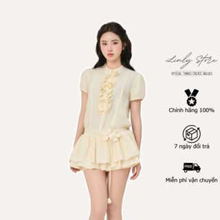 จั้มสูทเซ็ตดีไซน์ระบาย กระดุมและสายดอกไม้ Miss Linly Store J…