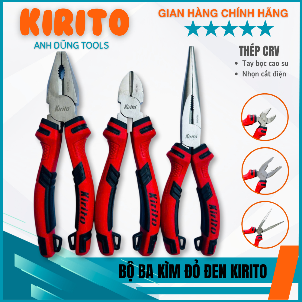 ชุดคีม 3 ชิ้น Kirito สําหรับช่างไฟฟ้า - เหล็ก CR-V - ทนทานเป็นพิเศษ - ตัดลวด ดัด การหยิบ - KIRITO คี