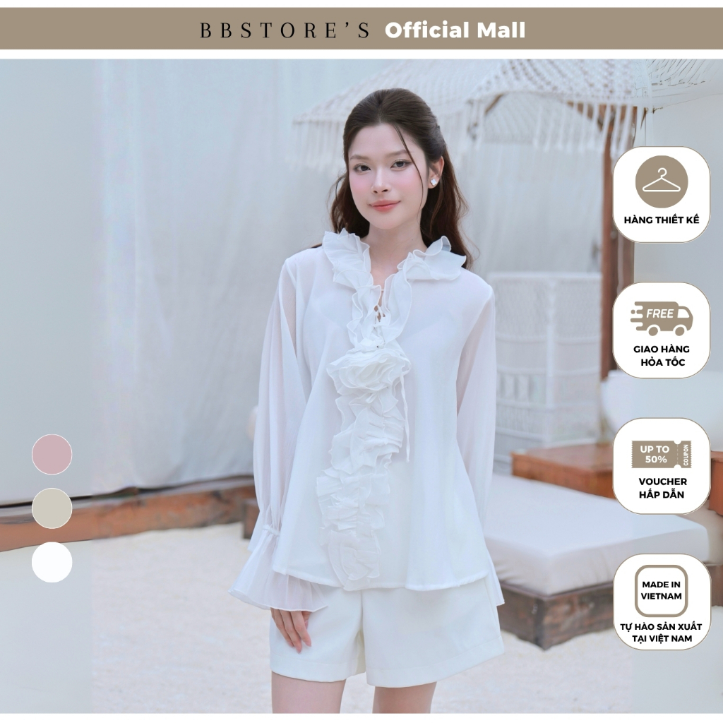 [BBSTORES] เสื้อเบลาส์ผ้าชีฟองทรงหลวมพร้อมคอปกระบายลายดอกไม้ 3D - A4501T