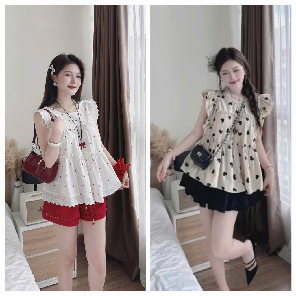 น่ารัก ชุด ชุด ชุด สําหรับ ออกไปข้างนอก ชุดเสื้อเบลาส์ผ้าฝ้ายเย็นพร้อมคําปรึกษาหัวใจสีดําคู่กับกระโปรงไหมพรมชั้นสุดน่ารัก