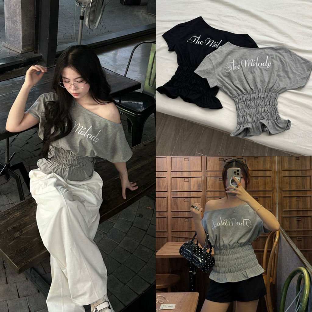 MELODY TOP - DEROSE Off Shoulder Short Sleeve Smocking Shrug เสื้อยืดผ้าฝ้ายปัก