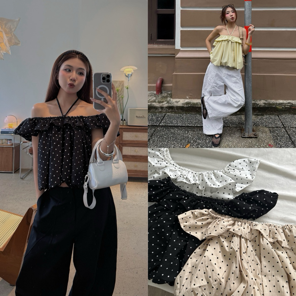 CHERRY TOP - เสื้อเบลาส์เปิดไหล่ DEROSE ใส่ได้หลายรูปแบบพร้อมสายรัดถอดออกได้ มาพร้อมผ้า Windy น่ารัก