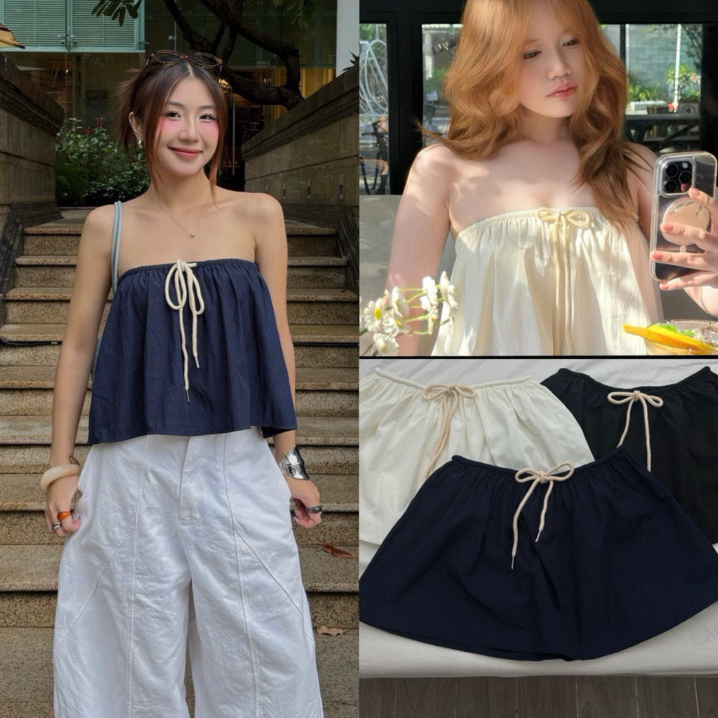 YELLY TOP - เสื้อเบลาส์เกาะอก DEROSE พร้อมบุคลิกภาพแบบบานกว้างและเชือกในผ้า Windy