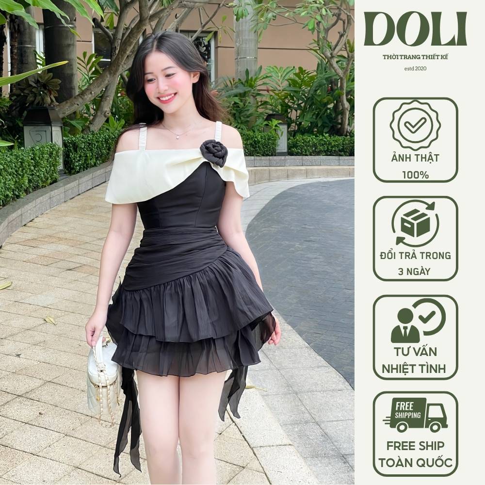 เดรสปาร์ตี้เปิดไหล่สุดหรูทําจากผ้าไหมเดรสดีไซน์เปิดไหล่ลายดอกไม้สําหรับผู้หญิง TX6 DOLI SHOP