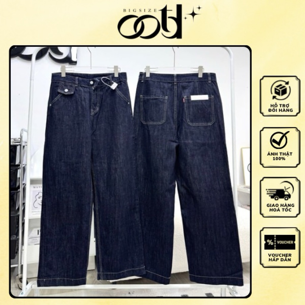 OOTD BIGSIZE - กางเกงยีนส์สีน้ําเงินเข้มไซส์ใหญ่สําหรับผู้หญิงมีกระเป๋าพนังเล็ก