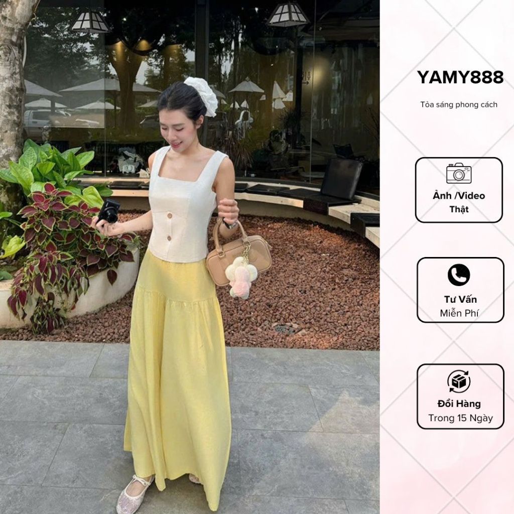 ชุดกระโปรงผ้าลินินพร้อมเสื้อรักแร้ผสมกระโปรงบาน QC Sb6384 - Yanmy888