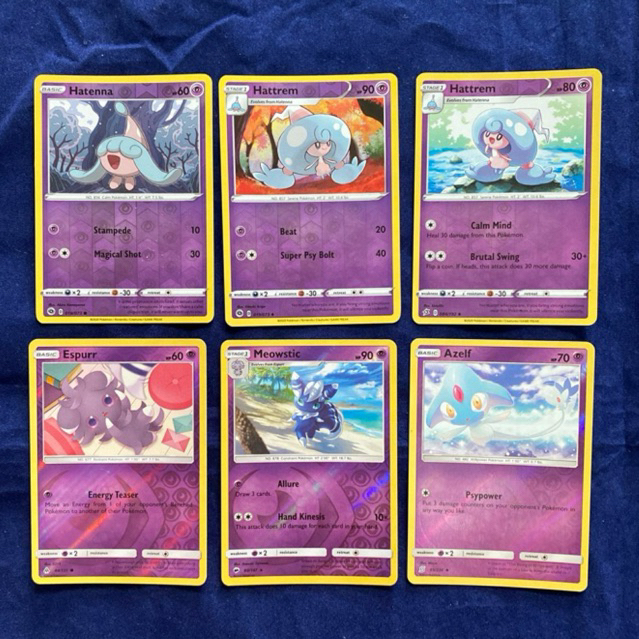 Hatenna Hattrem Espurr Meowstic Azelf Clearance pass Reverse Holo Pokemon TCG Card ของแท้ UK 2017-20