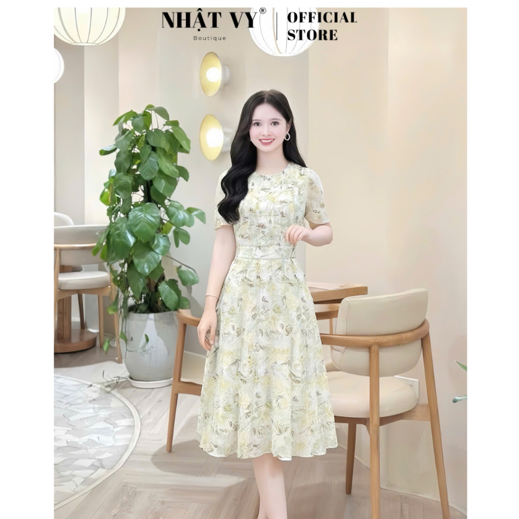 Nhat Vy ชุดเดรสสํานักงานลายดอกไม้คอกลมจับจีบจับจีบจับจีบจับจีบจับจีบลูกปัดมุกเหมาะสําหรับออกไป - D33