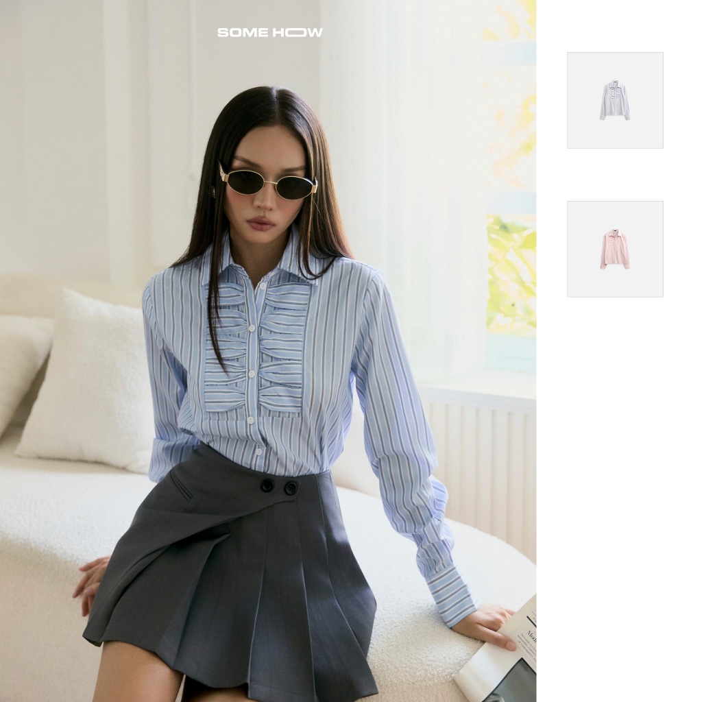 [New5] เสื้อเชิ้ตผู้หญิง Blue Stripes ผ้าคอตตอนลายทางใส่สบาย WSM010,SOMEHOW