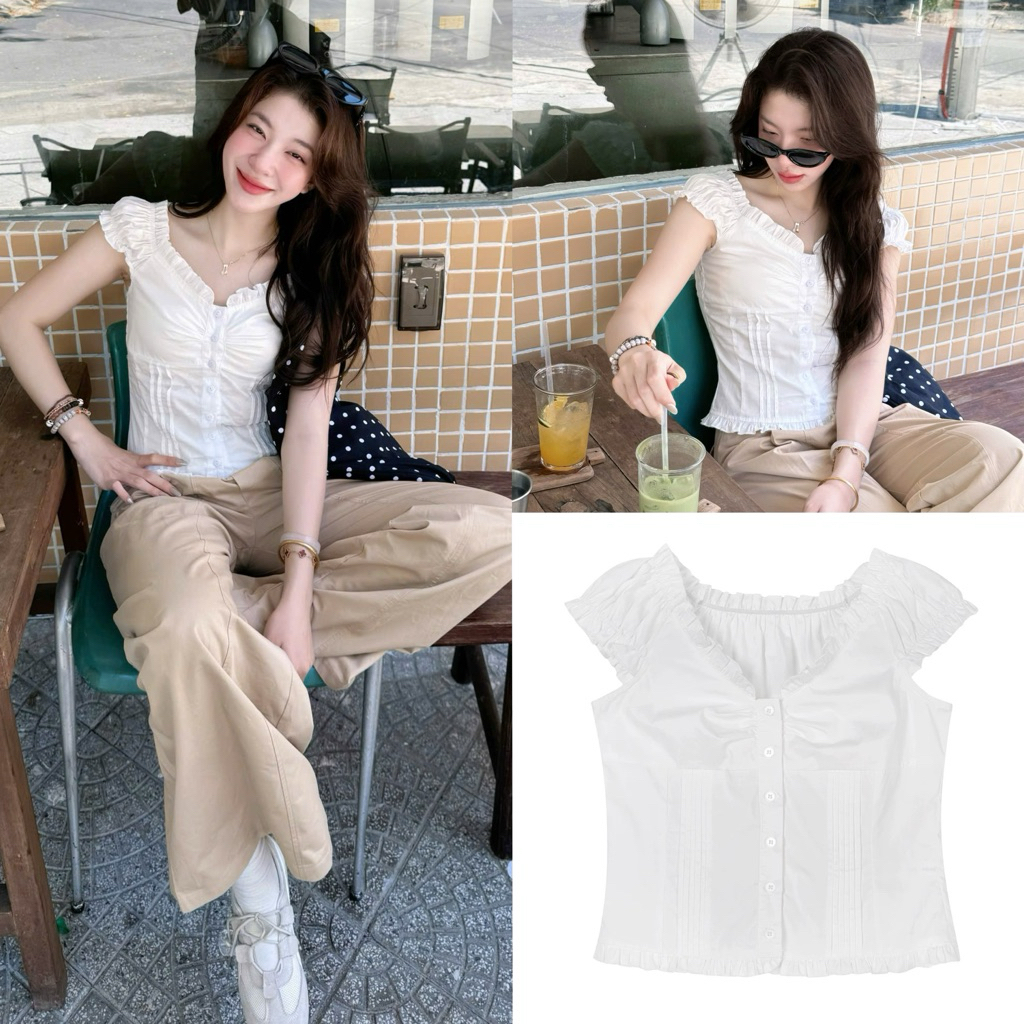 (OLDSCHOOL PHOTO) RIRI TOP เสื้อเบลาส์คอวีจับจีบเอว