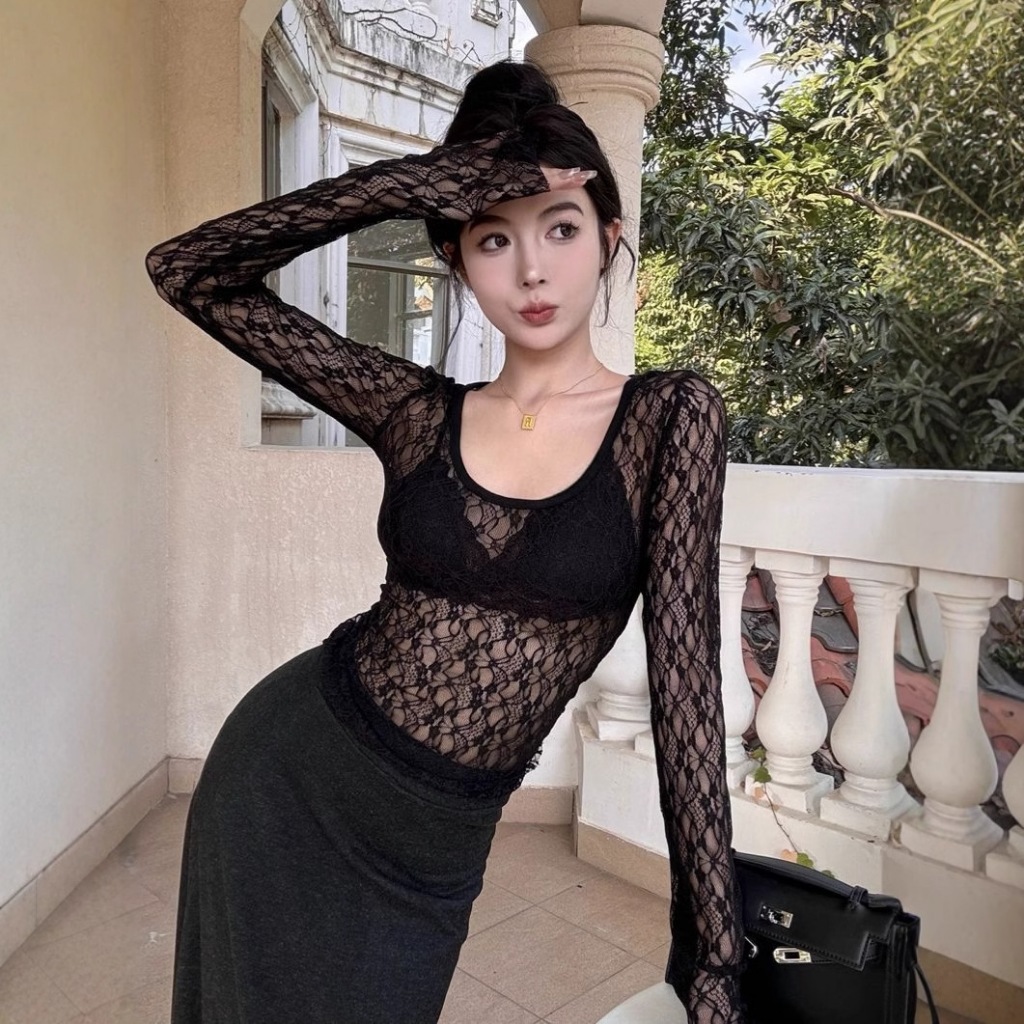 เซ็กซี่ผู้หญิงลูกไม้แขนยาว U คอ Slim ดอกไม้ลูกไม้ Ulzzang สไตล์ ADT014
