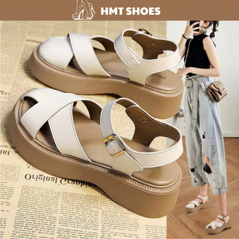 [QC] รองเท้าแตะผู้หญิงรองเท้าแตะส้นสูง 4 ซม. พื้นยางนุ่ม หนังแท้ รองเท้า HMT สไตล์อ่อนโยน