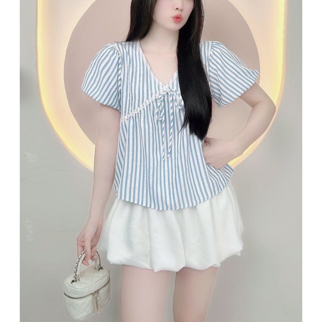 เสื้อเชิ้ตผู้หญิงแต่งลูกไม้และคอปก babydoll LAMO- B1437