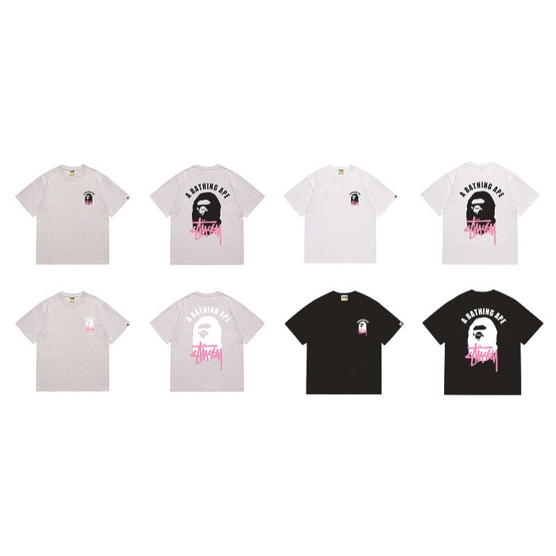 เสื้อยืด BAPE miami พร้อมตัวอักษร Stusy สีชมพูสวยมาก - เสื้อยืดคอกลมหลวมทําจากผ้าฝ้ายคุณภาพสูง