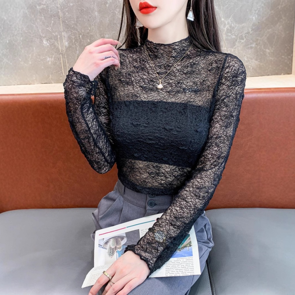 ผู้หญิงแขนยาวโปร่งใสดอกไม้ลูกไม้ด้านบน 3 นิ้วคอปก Bodycon เซ็กซี่ยืดแฟชั่น ADT018