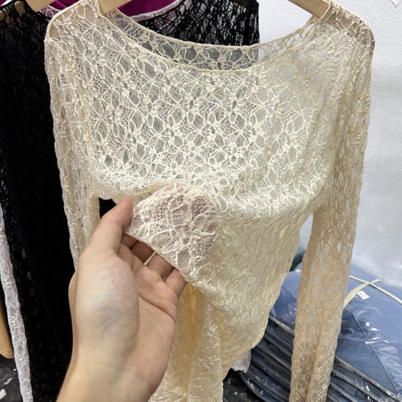 เสื้อลูกไม้ผู้หญิงคอเรือแขนยาวลูกไม้โปร่งใสลูกไม้เซ็กซี่เกาหลีลงแบบ ADT020