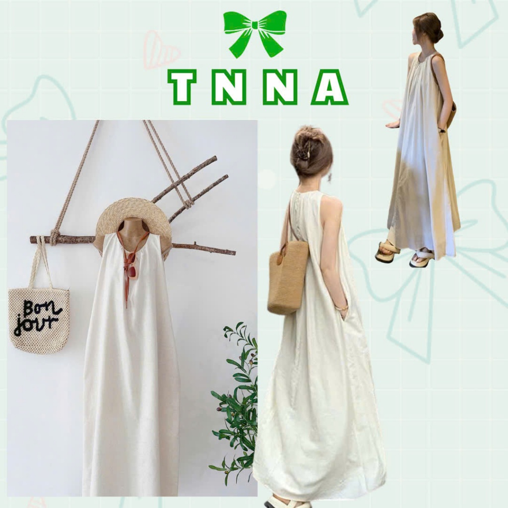 Tna_เดรสแม็กซี่แขนกุดผ้าลินินคอปกระบาย-เดรสยาวฟรีไซส์สําหรับฤดูร้อนสไตล์มินิมอลวินเทจเกาหลี