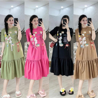 ชุดคลุมท้องหางปลายาวผูกโบว์และพิมพ์ลายการ์ตูนน่ารักคอกลมแขนส…