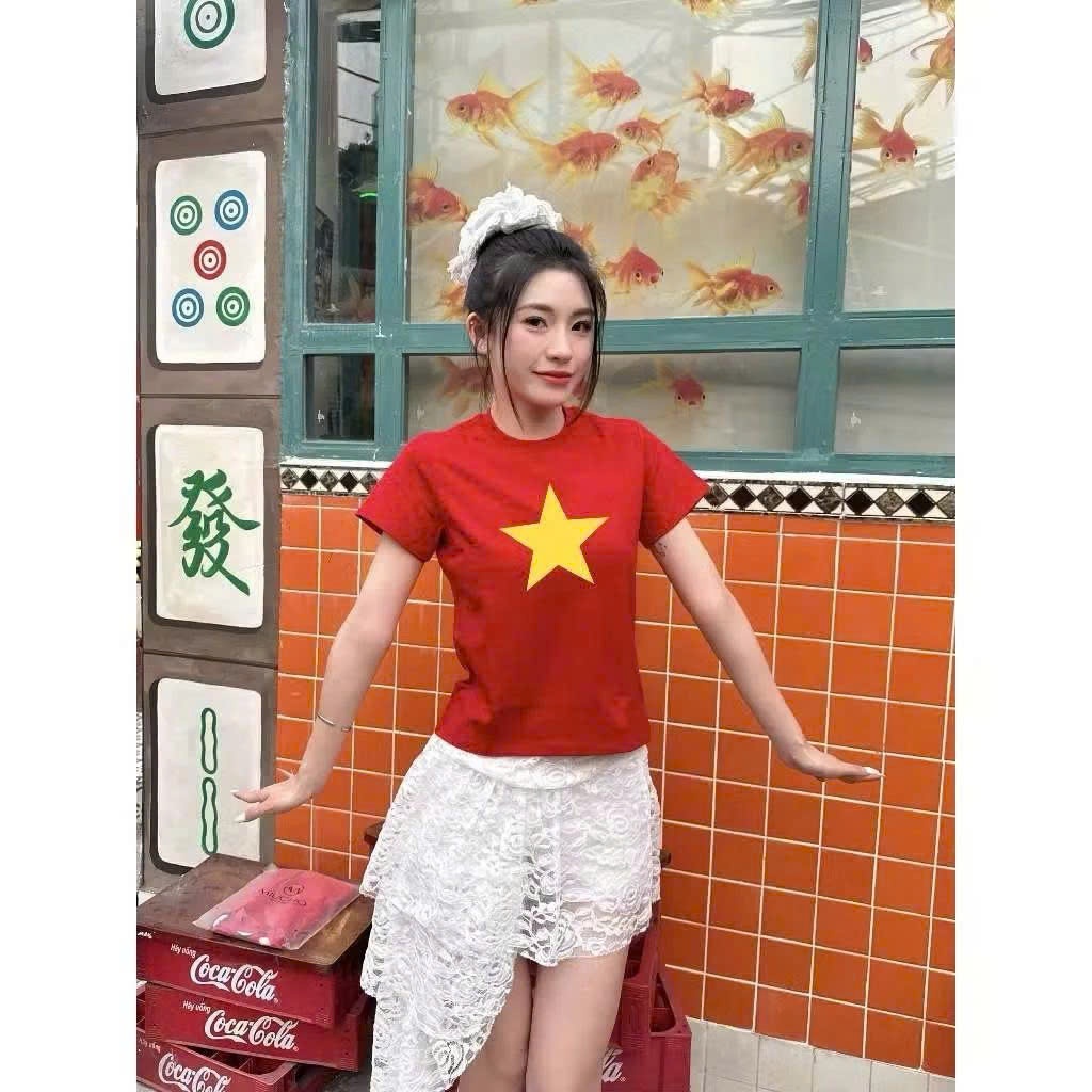 [WITH FLAG] Baby Tee Vietnam Red Flag Yellow Star STY Cool Cotton Fabric Round Neck Basic Print