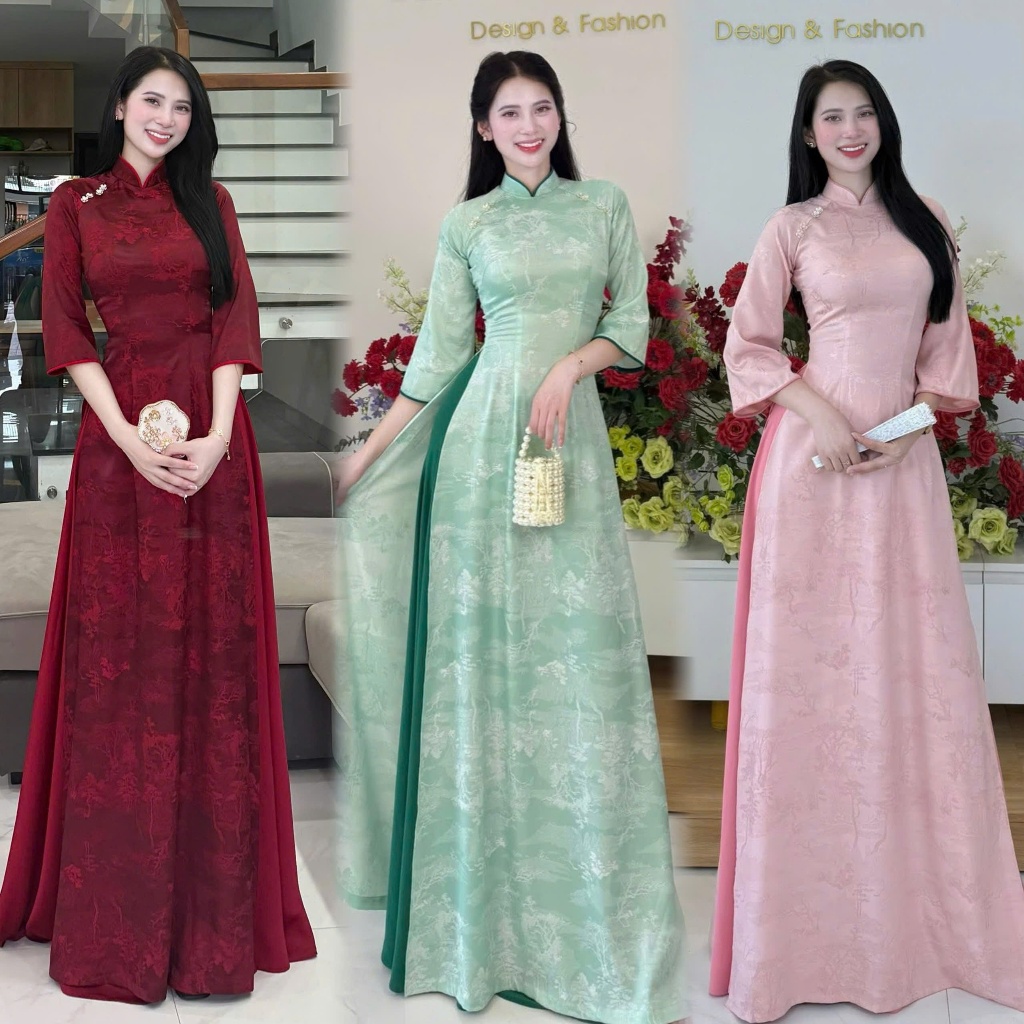 Young and elegant Thai Tuan 2-skin brocade ผู้หญิง ao dai 3 สี ฟ้า ชมพู แดง Quynh Nguyeen Ao Dai MA 