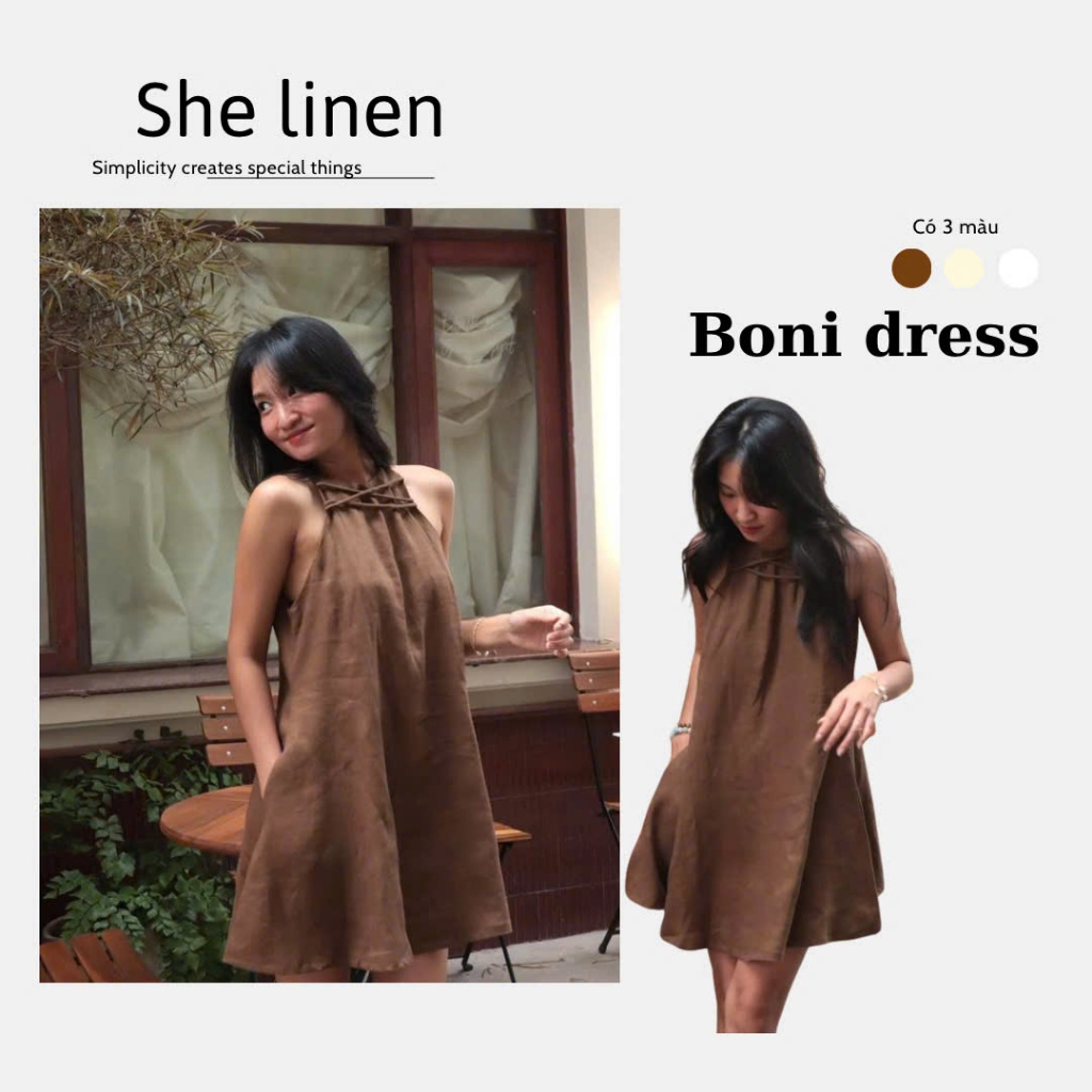 BONI DRESS - ชุดเดรสสายเดี่ยวผ้าลินินทรงเอพร้อมเชือก – ชุดทรงตรงเปิดไหล่น้ําหนักเบา Freesize She Linen