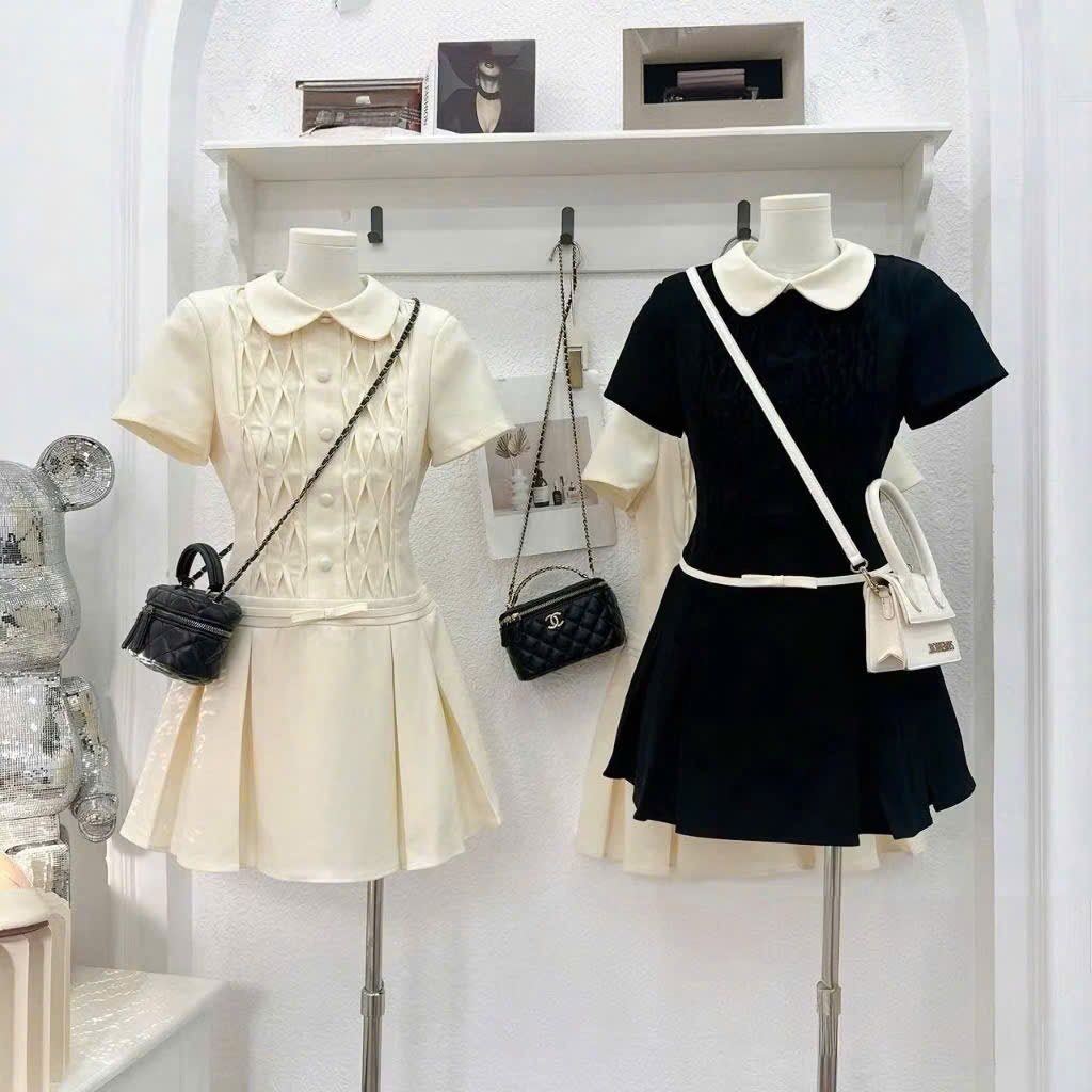 BETSY- BLUE CREAM BEIGE DRESS WITH LOTUS COLLAR WITH LCD WAIST BOW