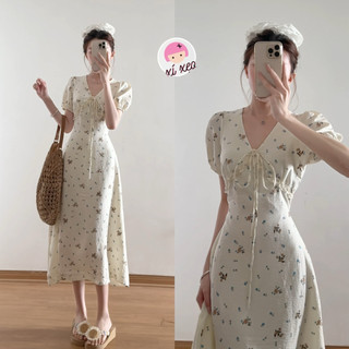 Váy hoa nhí cổ V bèo tay phồng dáng dài tiểu thư 2 lớp xixeoshop - V97