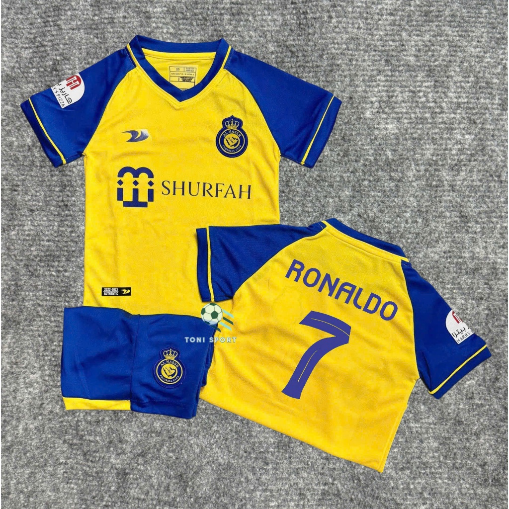 AL NASSR Club ชุดฟุตบอลเด็ก (กางเกง + เสื้อ) 22/23 ใน RONALDO No. 7 - ผ้าสักหลาดไทยระบายอากาศคุณภาพส