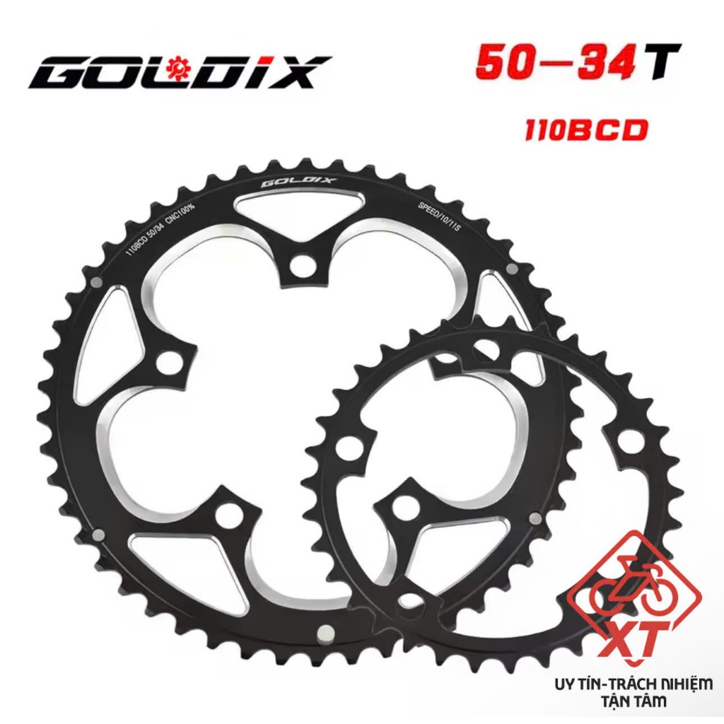 จานอลูมิเนียมจักรยาน Road and Touring 34-50T BCD 110mm, สเตอร์จักรยาน 2 ขา 34-50T BCD 110mm, GOLDIX 