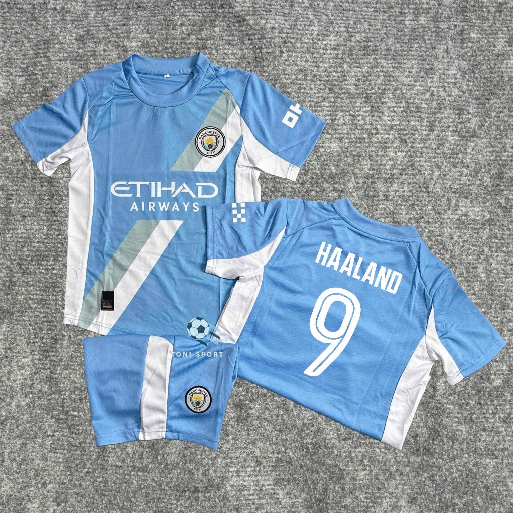 ชุดฟุตบอลเด็ก MC Club (กางเกง + เสื้อ) 25/26 ใน HAALAND No. 9 - ผ้าสักหลาดไทยระบายอากาศคุณภาพสูง