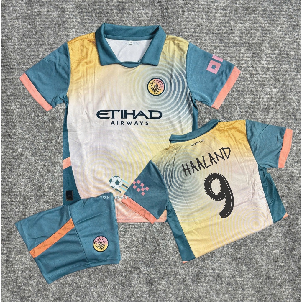 ชุดฟุตบอลเด็ก MC Away Club (กางเกง + เสื้อ) 24/25 ใน HAALAND No. 9 - ผ้าสักหลาดไทยระบายอากาศคุณภาพสู