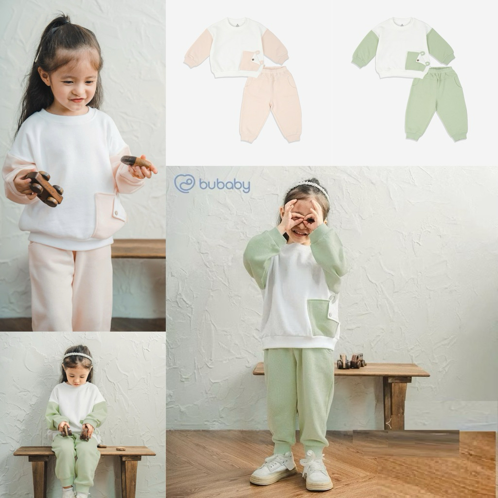 BUBABY Bubaby ชุดคอกลมแขนยาวสําหรับเด็กชายและเด็กหญิง