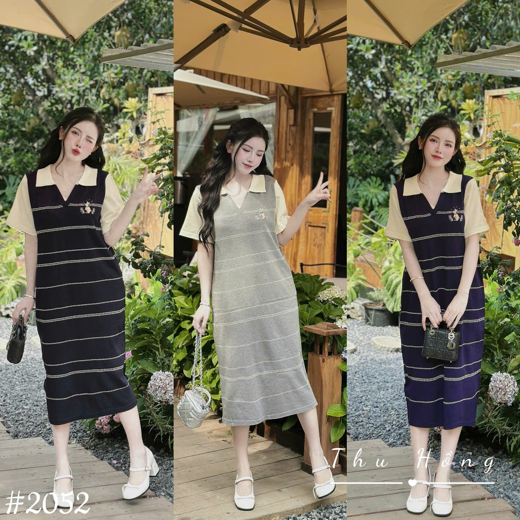 เดรสคอโปโล Mtg ปักกระต่าย และคอปกแขนกุด 2052 สินค้า QC ฟรีไซส์