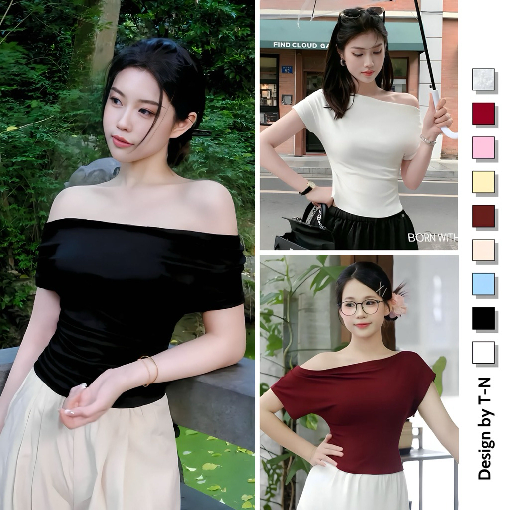 TUAN NGA COLLECTION เสื้อปาดไหล่ กระชับสัดส่วน ผ้าคอตตอนเนื้อเนียน