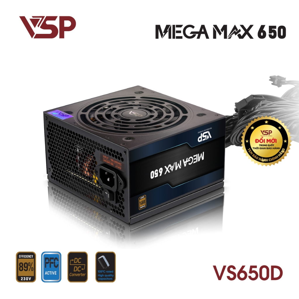 VSP MEGAMAX VS650D แหล่งพลังงานคอมพิวเตอร์ ความจุ 650W - ประสิทธิภาพสูงสูงสุด ~89%