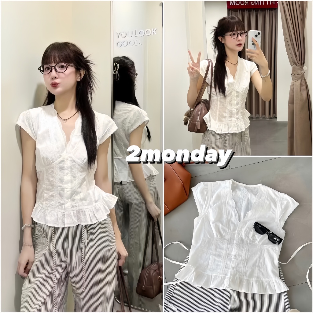 [ผลิตภัณฑ์ QC/ TYPE 1] SUPER BEAUTIFUL LACE V-NECKLACE SLEEVE BLOUSE WITH BOW PRINTED LINED 2MONDAY A79