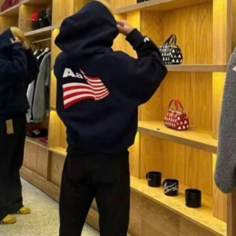 AA STUDIO FLAG Double Layer Hat Hoodie เสื้อยืดพิมพ์ 2 ด้าน - Cotton Fleece Hoodie สําหรับผู้ชายและผ