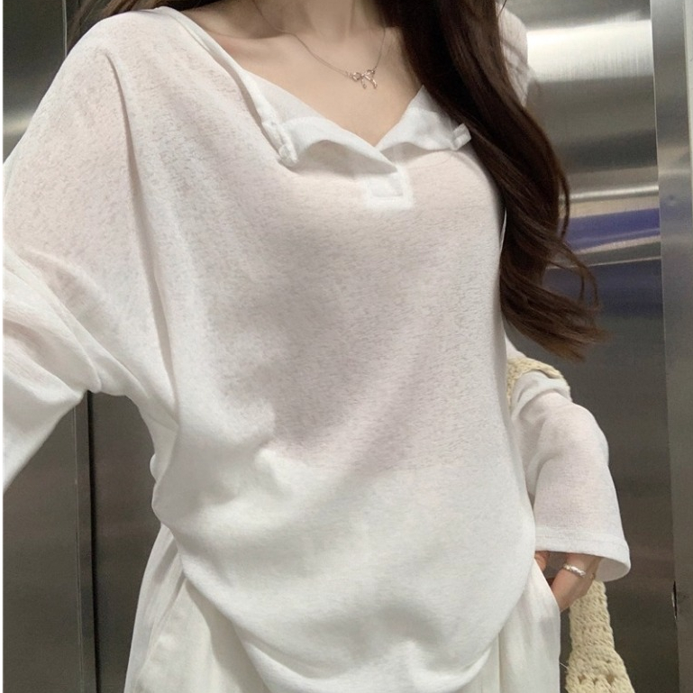 HCMC EXPRESS เสื้อยืดแขนยาวทรงหลวม สีทึบ คอปกพลิก ทรงแขนกุดโอเวอร์ไซส์ TTD23