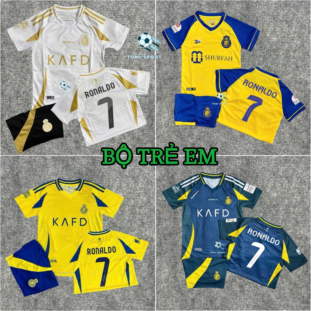 AL NASSR Club ชุดฟุตบอลเด็ก (กางเกง + เสื้อ) พิมพ์ลาย RONALDO No. 7 - ผ้าสักหลาดไทยระบายอากาศคุณภาพส
