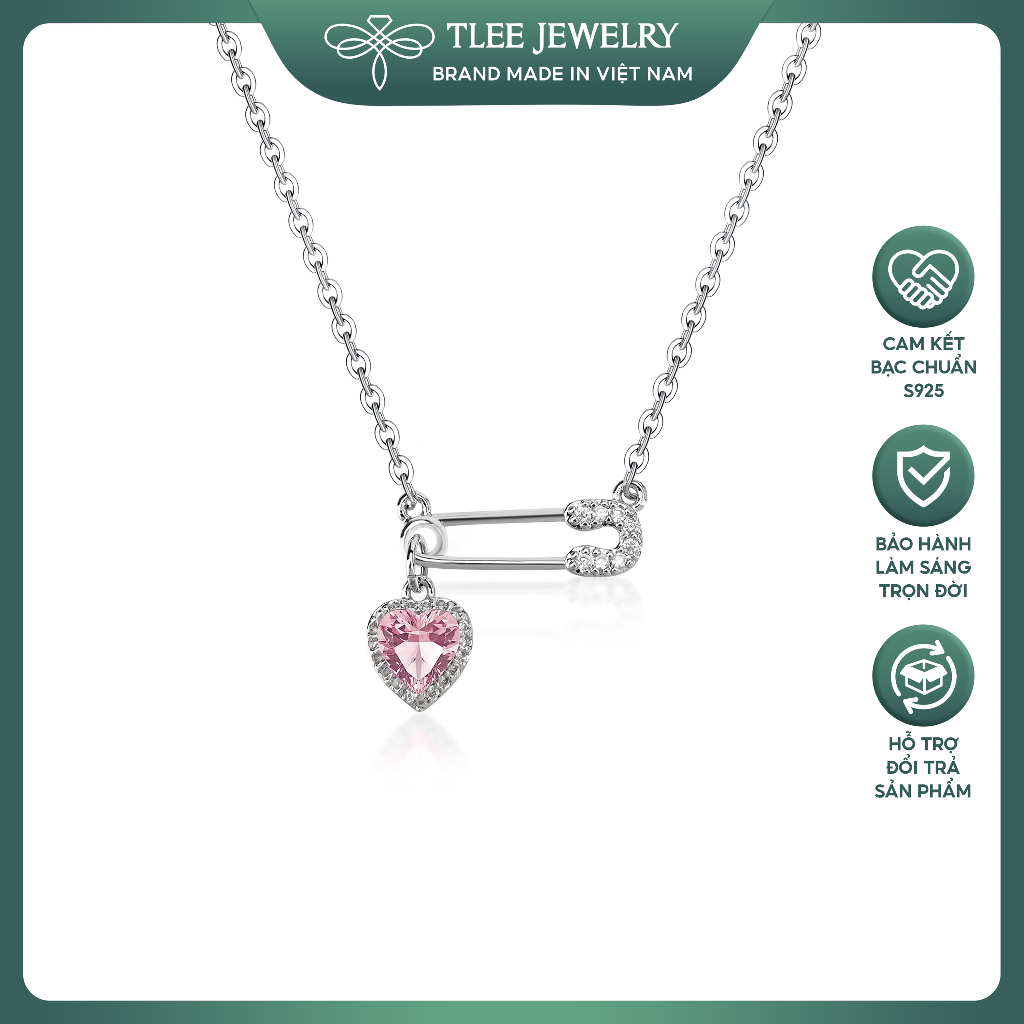 TLEE Safety Pin สร้อยคอเงินผู้หญิงรูปหัวใจ Pin ล็อคและหินสีชมพู TLEE JEWELRY D0409