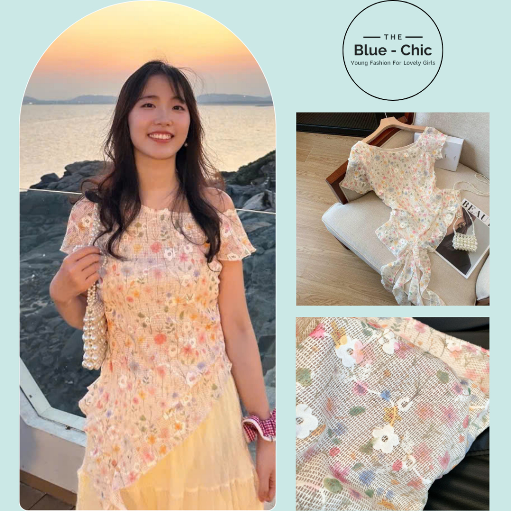 Niran เสื้อเชิ้ตเปิดไหล่ผู้หญิงลายดอกไม้กุหลาบ Elegant Feminine Blue chic Shop