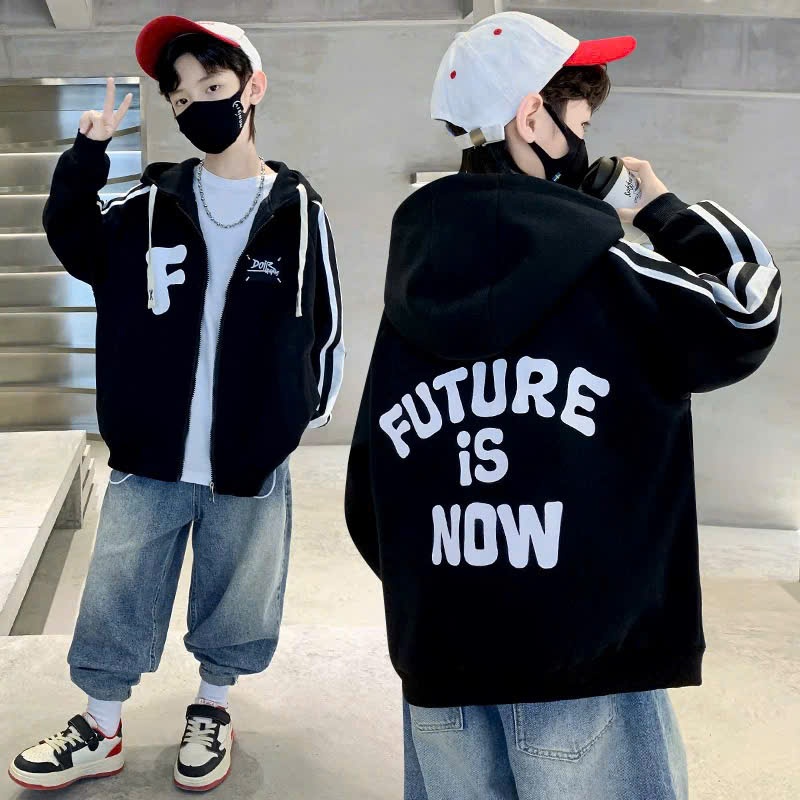 เสื้อแจ็คเก็ตมีฮู้ดสําหรับเด็กชายและเด็กหญิง 14-45กก. ลายตัวอักษร F-DOIR เนื้อยืดวอร์ม วัน1