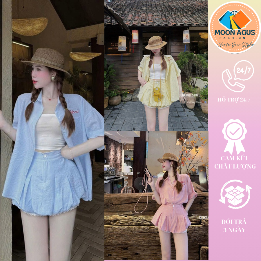 ชุดแฟชั่นผู้หญิง ชุดเซ็ท เสื้อแขนสั้นลายทาง มีซับใน และกระโปรงลูกไม้ 3 สี สุดน่ารัก สําหรับเที่ยวทะเล เดิน