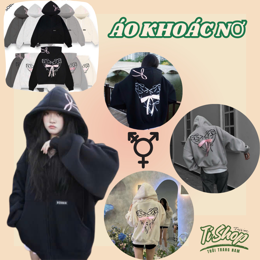 UNISEX ZIP HOODIE JACKET สําหรับผู้ชายและผู้หญิงพร้อมโบว์ PATTERN - TI SHOP - TP24