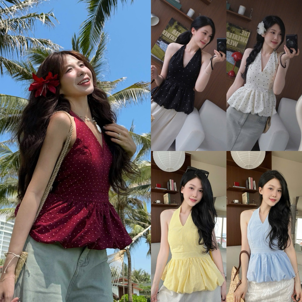 (READY) เสื้อคอเต่าลาย peplum flare elastic Womens Blouse the.sweather TSW