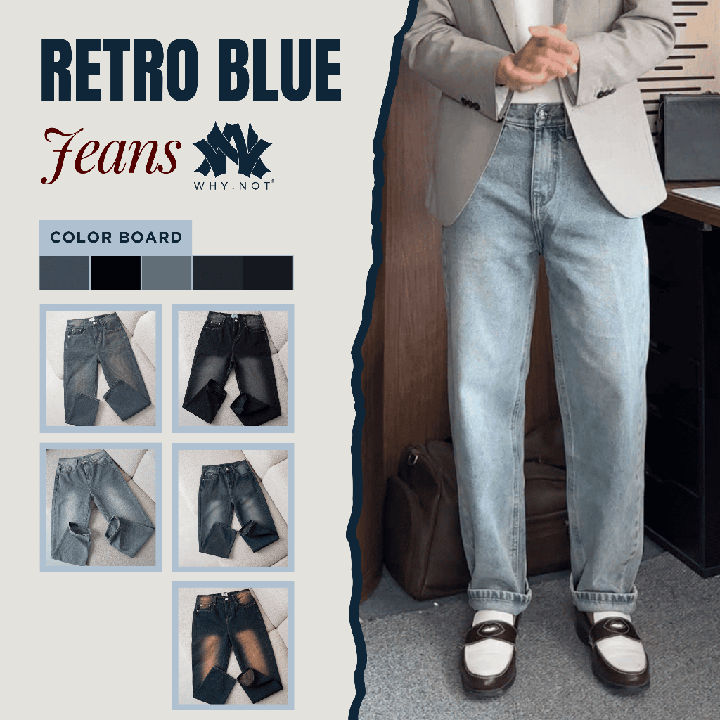 [HOONG YN x WHY.NOT] กางเกงยีนส์ผู้ชาย Retro Blue - กางเกงผู้ชายขากว้าง WHY NOT Retro Blue Jeans