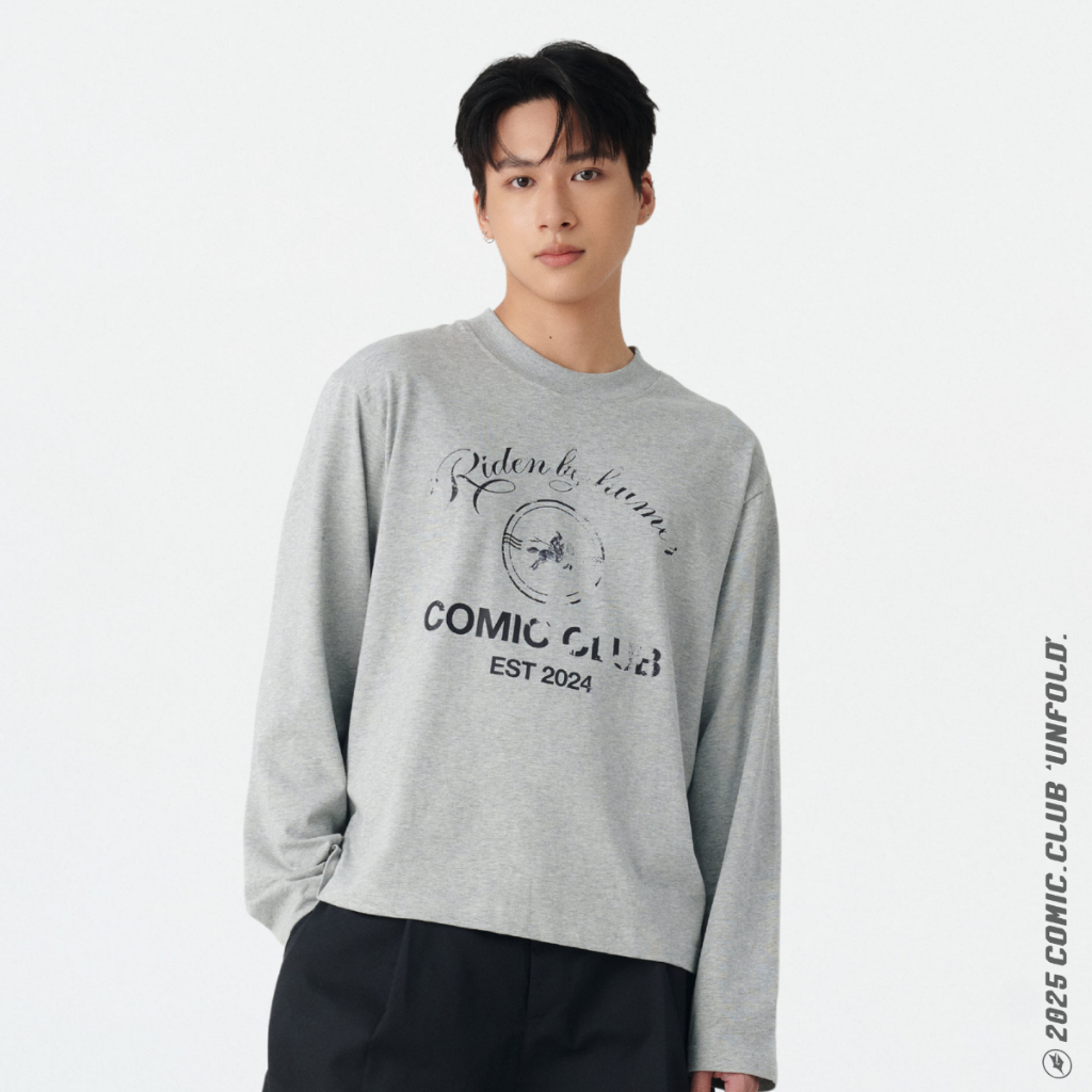 Riden by humor เสื้อยืดแขนยาวทรงกล่องสีเทา 100% Cotton 2-way - COMIC