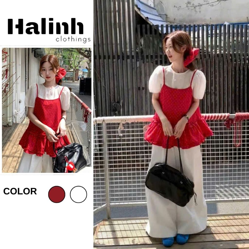 เสื้อคล้องคอลายจุดสีแดงเข้ม ผ้าเชื่อมเย็นสบาย ทรงเบสิคน่ารัก By Halinh M319.320
