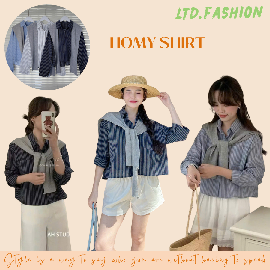 เสื้อเชิ้ตลายทางแขนยาวพร้อม WOOL SCARF - LTD.FASHION - เสื้อเชิ้ต HOMY