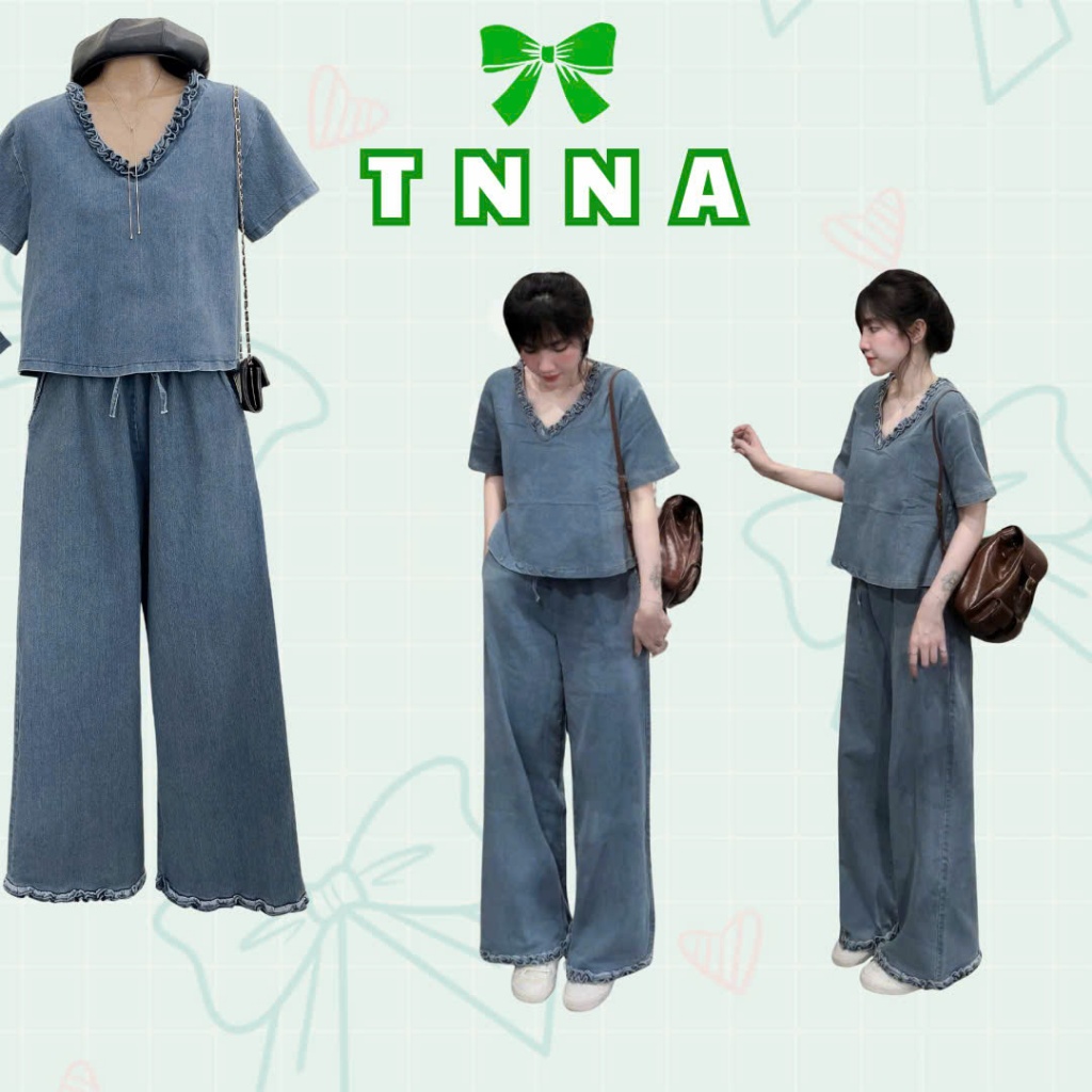 Tna_ชุดยีนส์ผู้หญิงคอปกคอเต่าแขนสั้นรวมกับกางเกงขากว้างเอวยางยืดสําหรับออกนอกบ้านและเกี่ยวกับ
